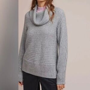 ANTHROPOLOGIE Moth Grey Ribbed Cowl Neck Sweater with Side Slits Size XS